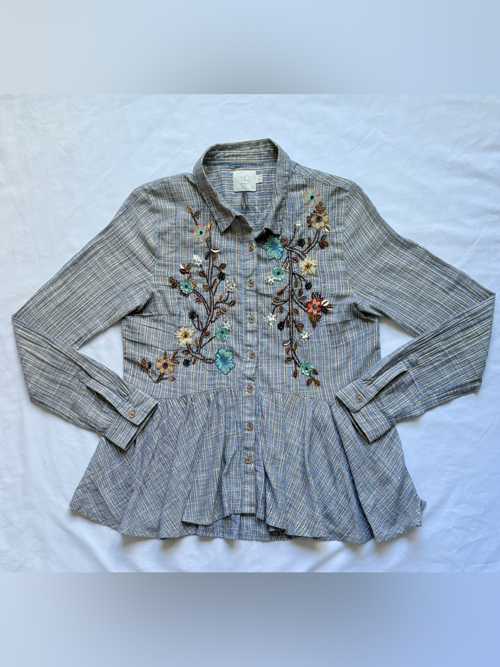 Anthropologie HD In Paris Ella Embroidered Peplum Shirt Women xs/s